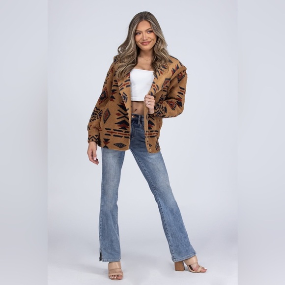 New In Womens Camel AZTEC TRIBAL PRINT HOODED OVERSIZE FLEECE Cardigan | NEW/NWT - Picture 10 of 11
